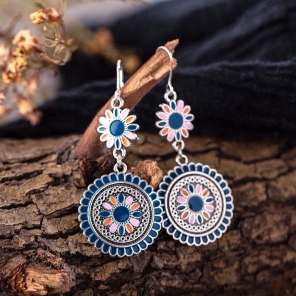 Boho colorful flower dangle earrings - Picture 1 of 9